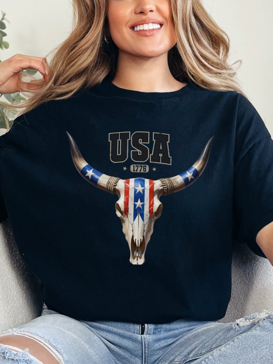 USA Cow Skull Tee | Western Patriotic Cowboy T-Shirt product image (1)
