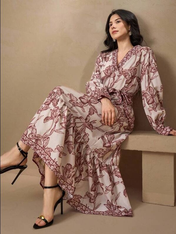 DAZY Floral Print V-Neck Belted Mid-Length Dress For Women Long Sleeve Dress product image (1)