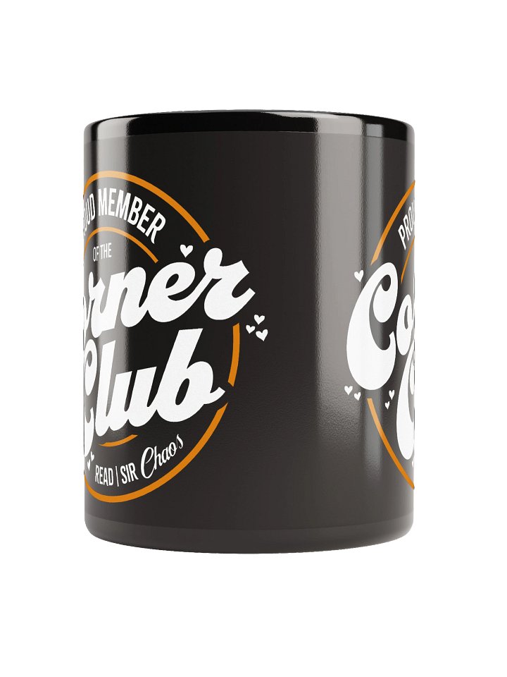 Corner Club Black Mug (White & Orange Text) product image (2)