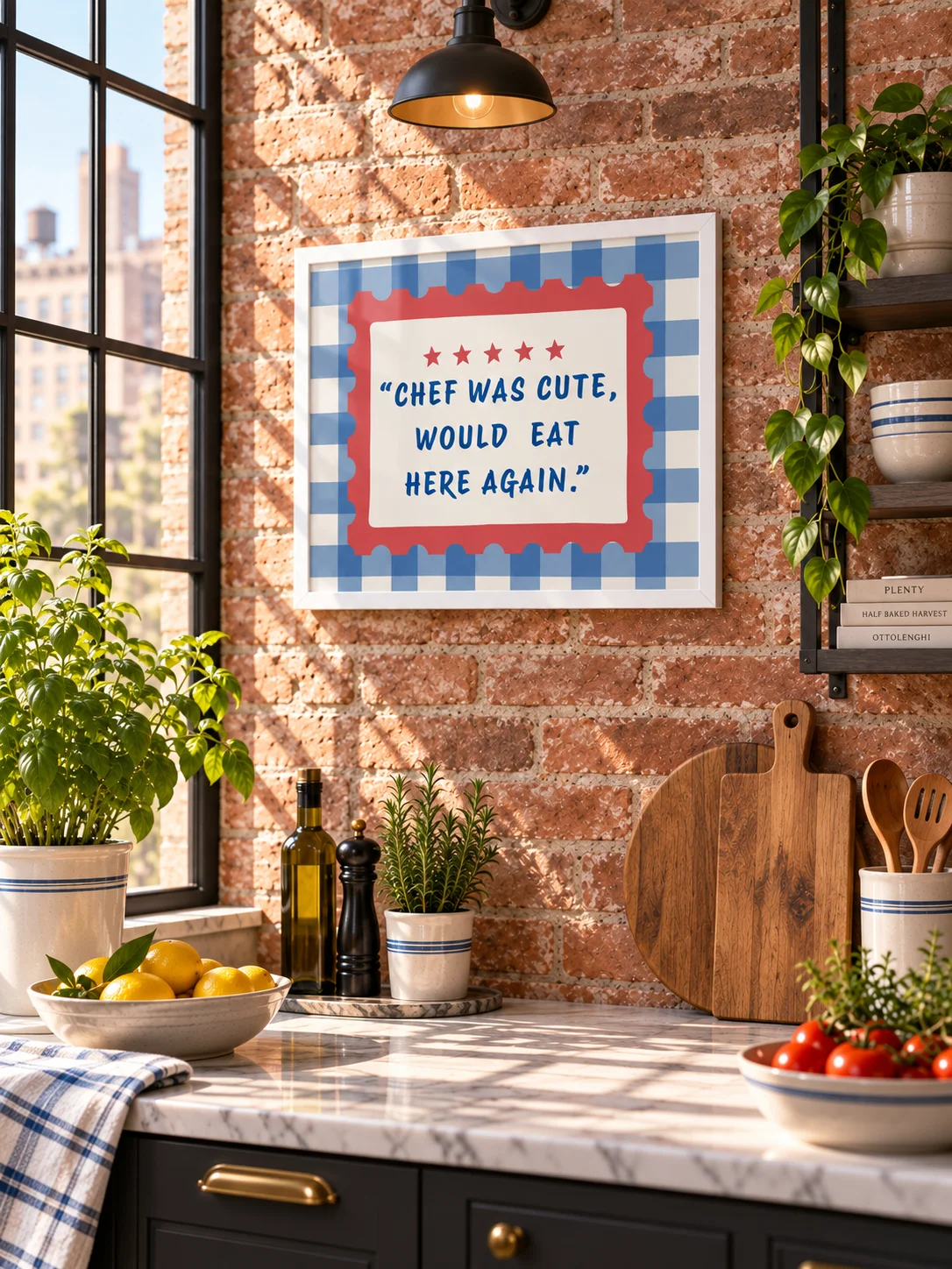 Chef Was Cute Printable Kitchen Wall Art | Funny Restaurant Review Quote | Retro Gingham Poster | Blue Red Dining Decor | Digital Download product image (5)