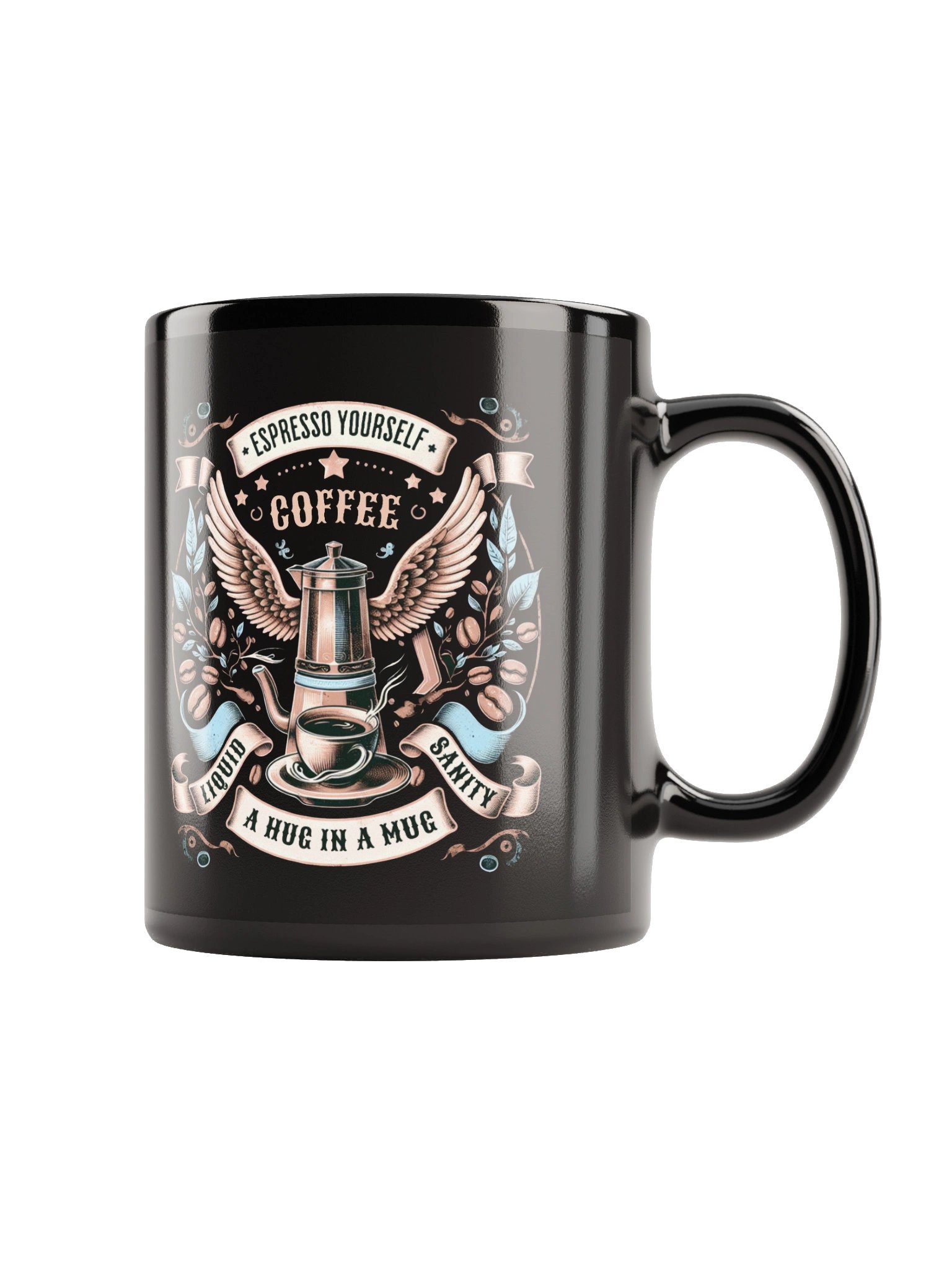 Espresso Yourself Coffee Mug Vintage Moka Pot & Wings Design product image (1)