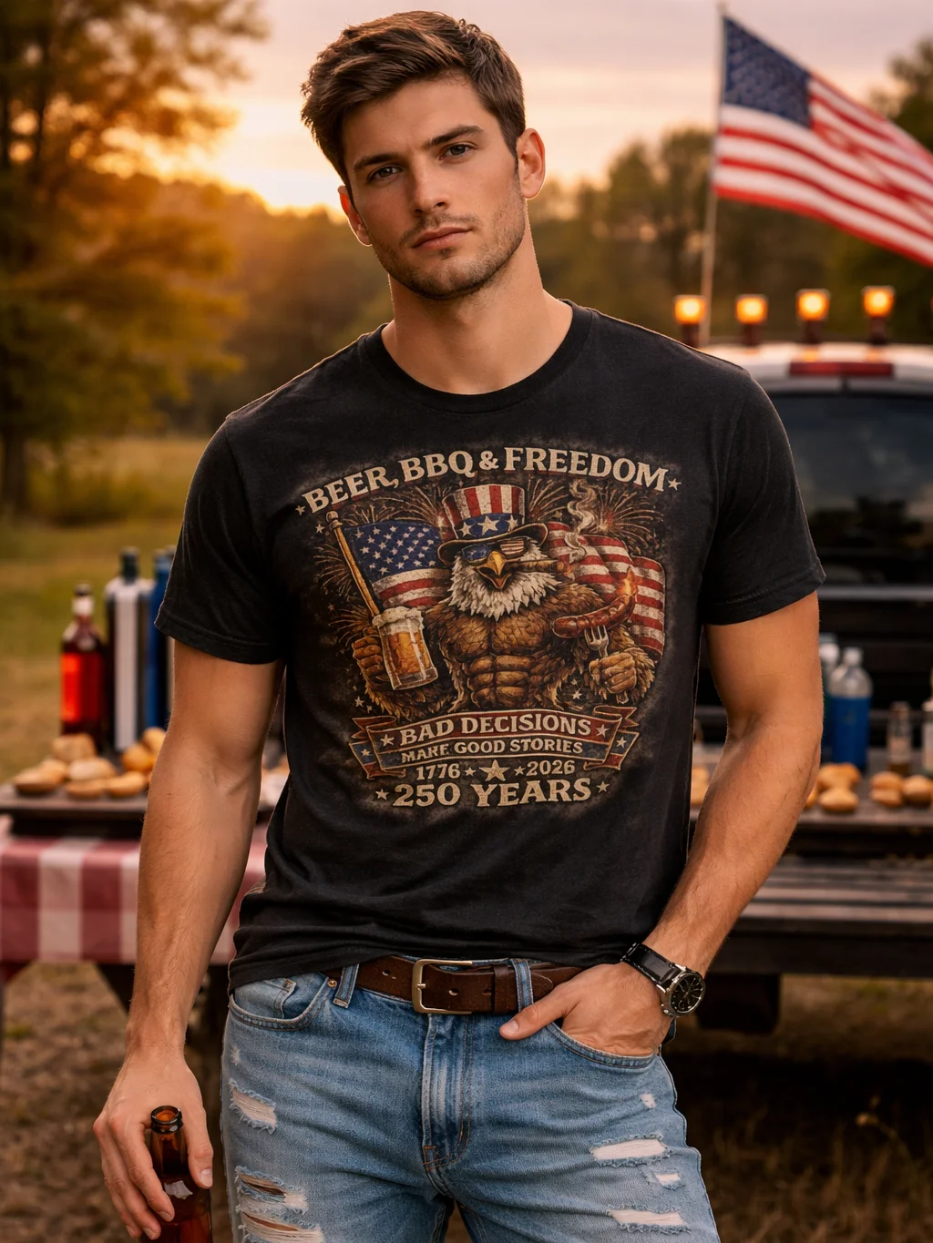Funny 4th of July Shirt 2026 – Beer BBQ & Freedom Eagle T-Shirt, 250 Years Patriotic American Tee, Vintage USA Independence Day Shirt product image (5)