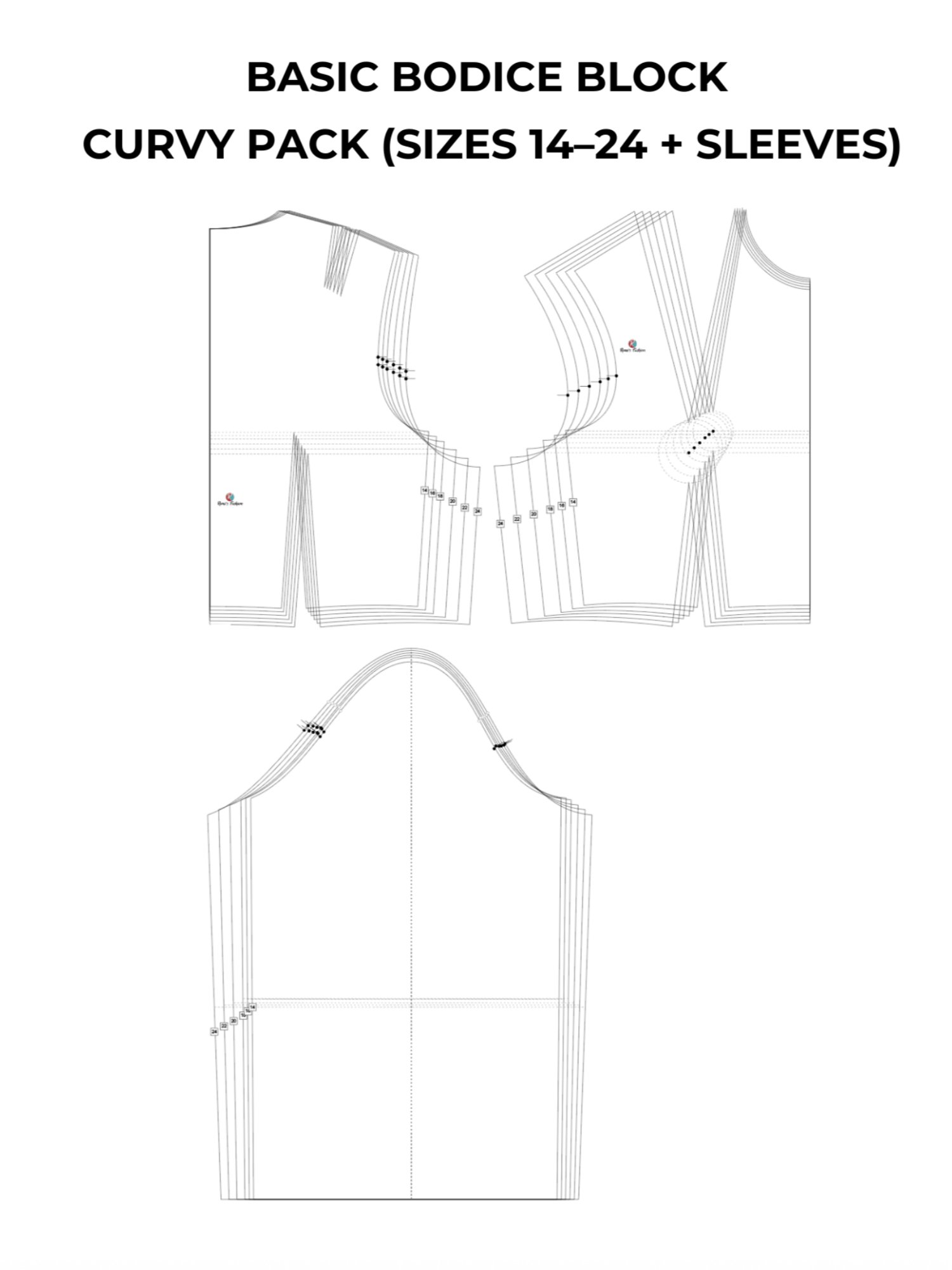 Curvy Bodice Block Sewing Pattern With Sleeves: Size UK 14-24 (PDF Printable) product image (2)