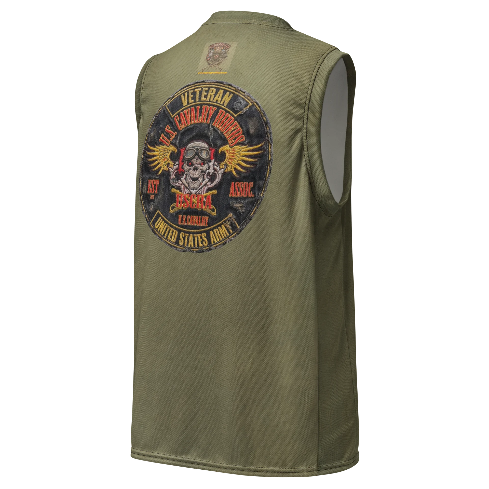 Distressed U.S. Cavalry Riders Skull Basketball Jersey OD Green product image (3)