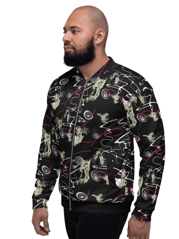Unisex Bomber Zip Jacket 'Black Cat Scribble' product image (3)