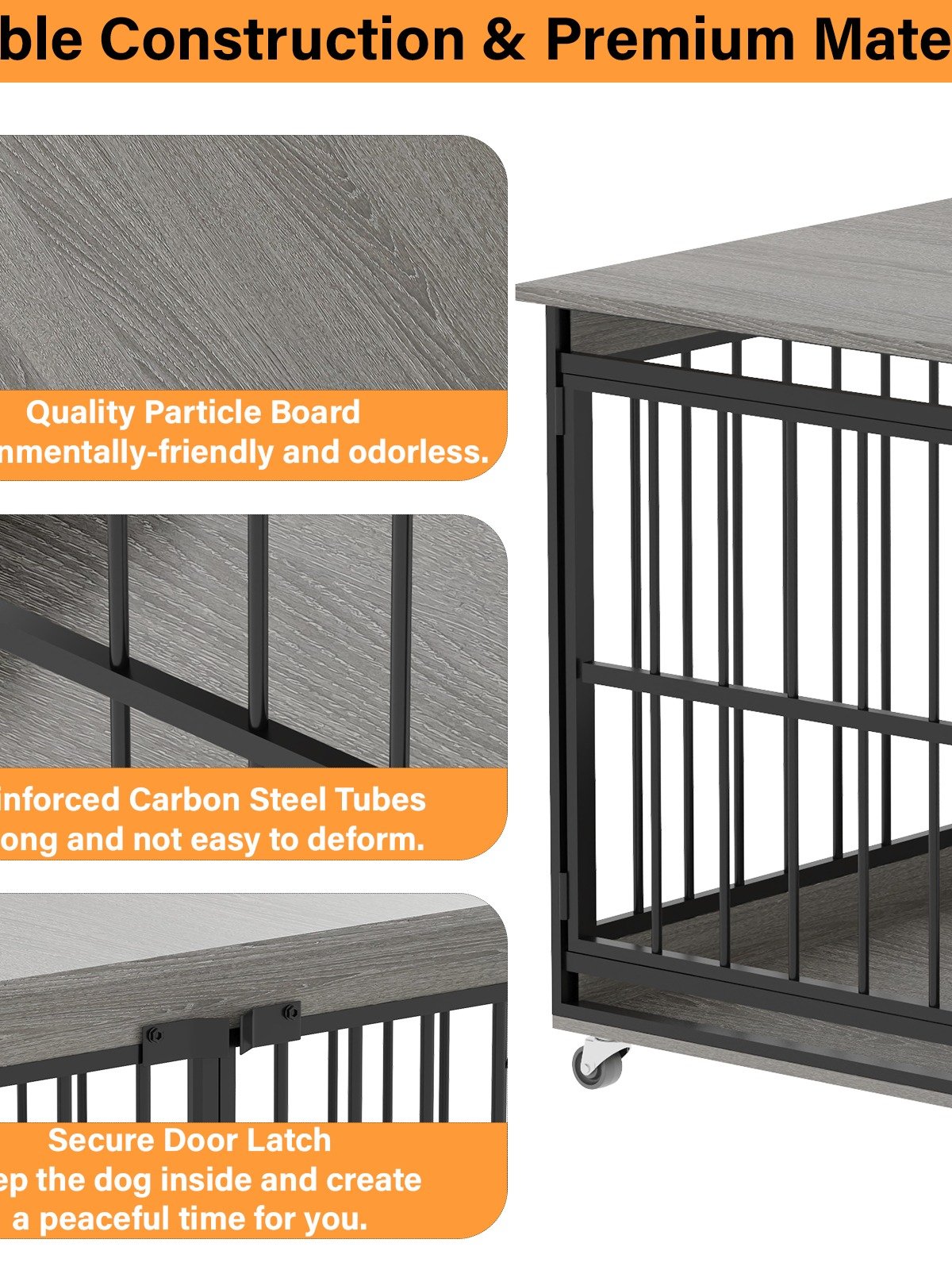 48 Inch Dog Cage Furniture for Extra Large Dog, Double-Doors Heavy Duty Dog Crate with 360° Caster Wheels, Dog Kennel Indoor Decorative Pet House Dog Cage Table, Gray product image (4)
