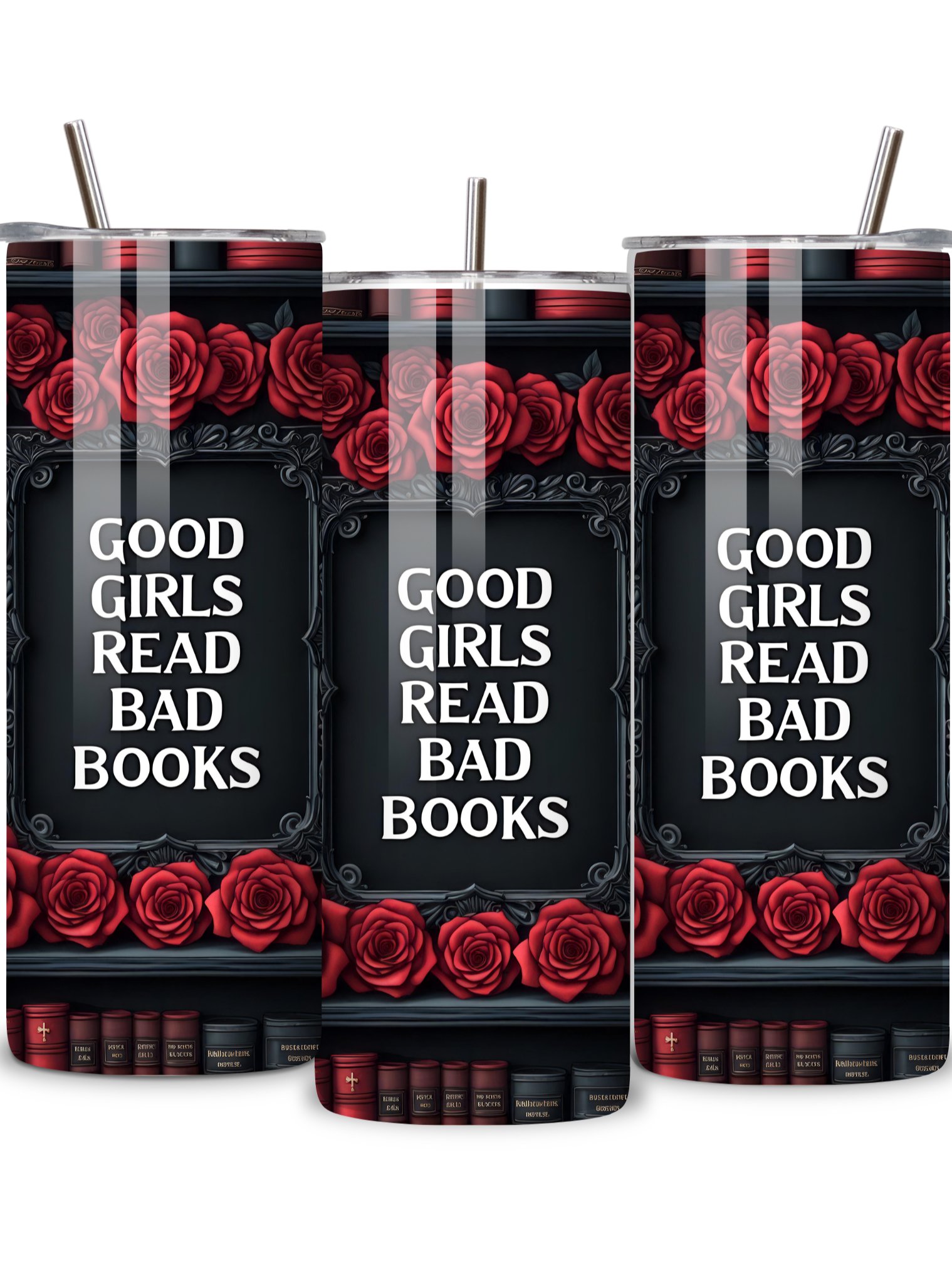 Goth 20oz Skinny Tumbler with Metal Straw – Elegant Red Rose and Library Design – Double-Walled Insulated Stainless Steel Tumbler for Hot & Cold Drinks, Gift for Goth Book Lover product image (2)