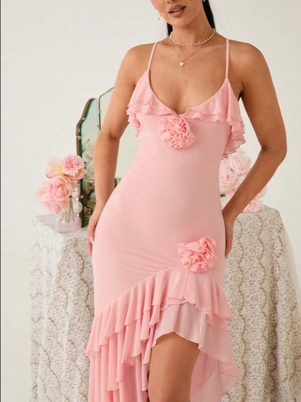 Soft Pink 3D Floral Ruffled Backless Maxi Dress | High-Slit Cami for Dinner Date, Wedding Guest & Vacation | ADLEST product image (3)