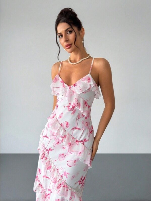 White & Pink Floral Ruffle Hem Spaghetti Strap Dress | Women's Boho Tiered A-Line Maxi Dress for Beach, Wedding & Vacation | ADLEST product image (3)