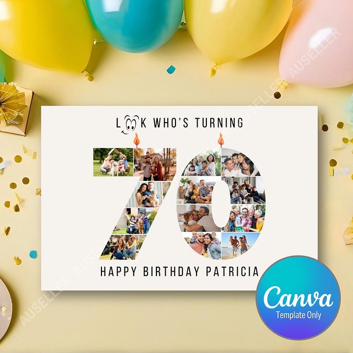 70th Birthday Number Photo Card Canva Template product image (1)