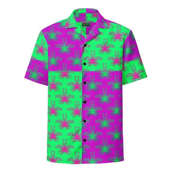 Twisted Cannabis Circus Summertime Stoner Style Unisex Button Down Shirt, Mint Green Purple Pot Leaf Pattern Clothing product image (1)