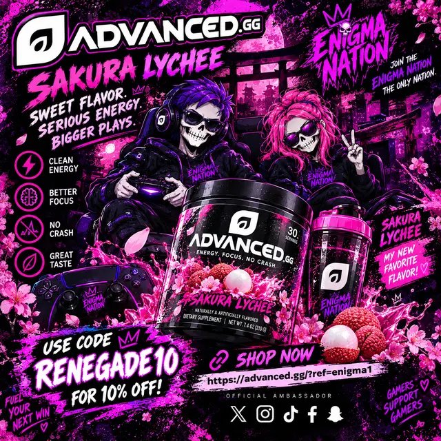 🌸💗 SAKURA LYCHEE! ☠️🔥 Sweet flavor. Serious energy. RENEGADE10 = 10% OFF Advanced.GG! 👉 https://advanced.gg/?ref=enigma1 #AdvancedGG #GamingTok #EnigmaNation #Gamer #SakuraLychee