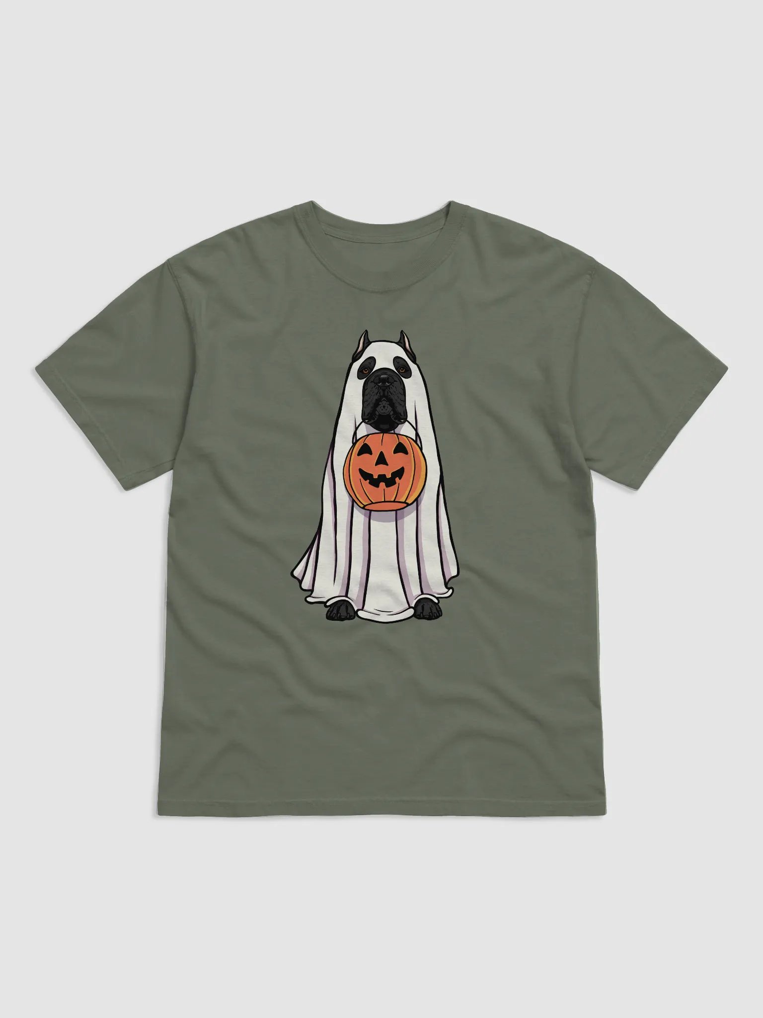 Funny Halloween Cane Corso(Black) T-Shirt | Funny Cane Corso Wearing a Ghost Costume and Holding a Pumpkin Basket product image (1)