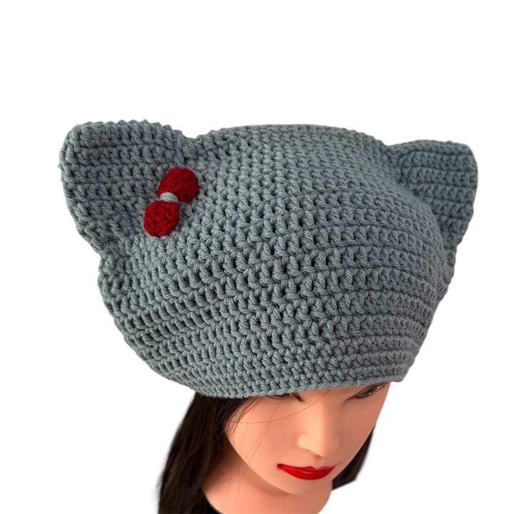 Winter Handmade Crochet Cat Ears Beanie Blue with Red Bow for kids 6-12 yo. product image (2)