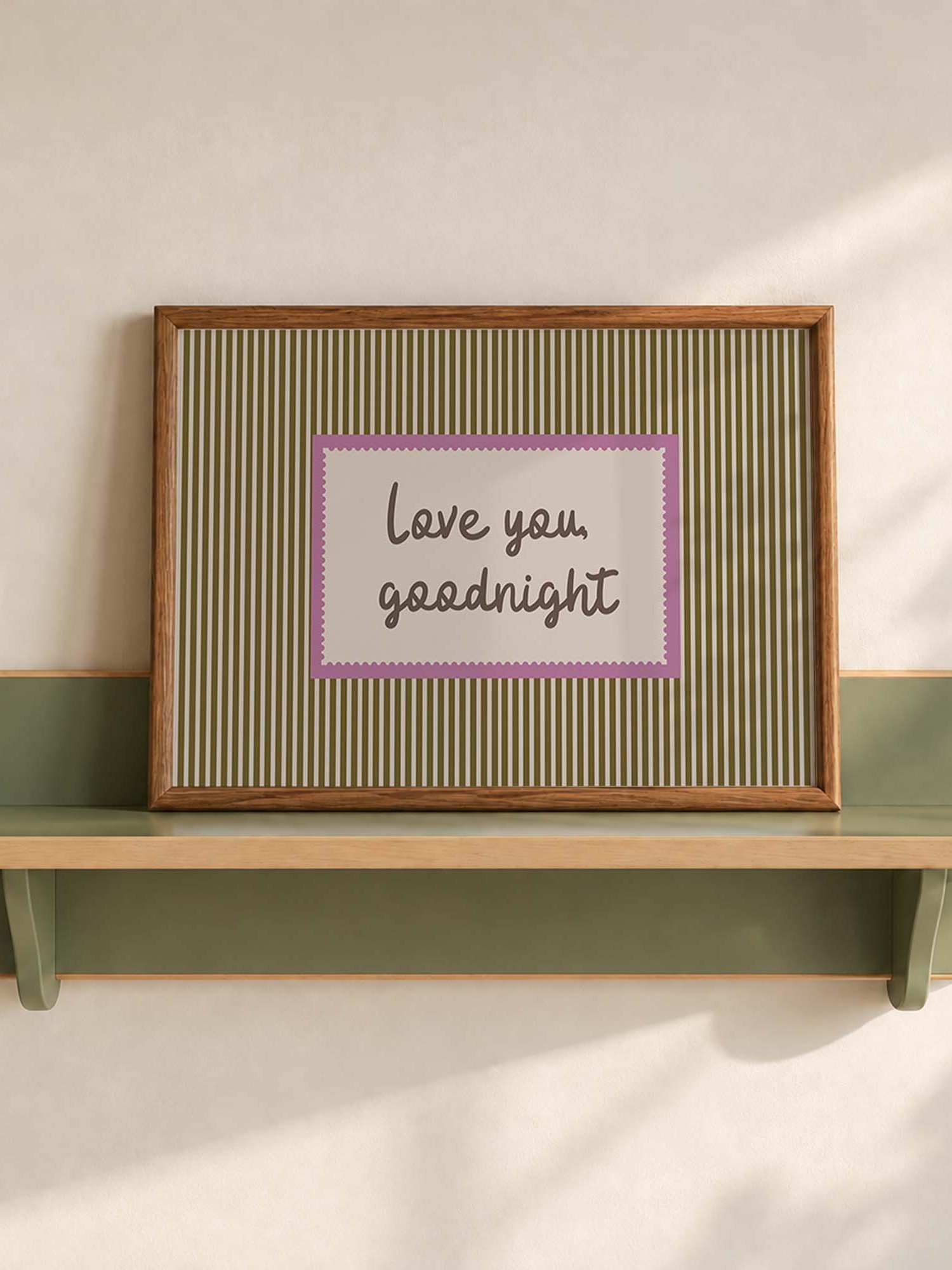 Love You Goodnight Print, Retro Striped Wall Art, Handwritten Quote Poster, Neutral Bedroom Nursery Decor, Horizontal Digital Download product image (1)