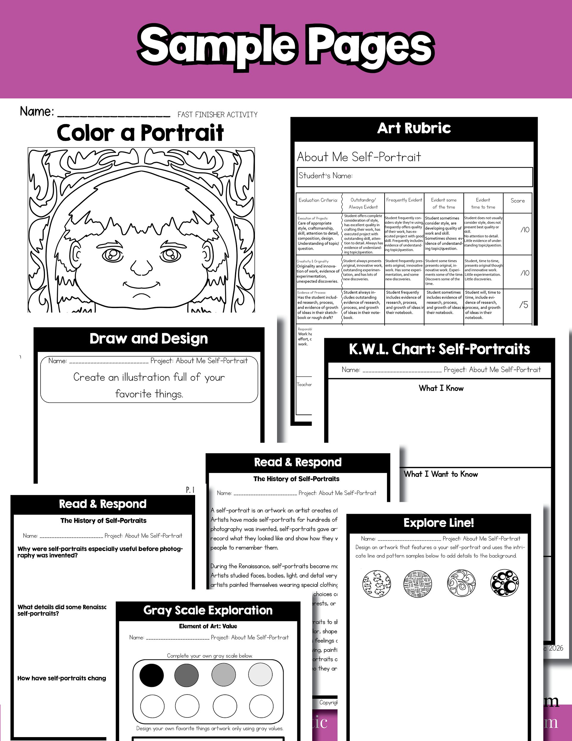 4th Grade About Me Grade 4 Self Portrait Art Project Art Lesson Back to School product image (9)