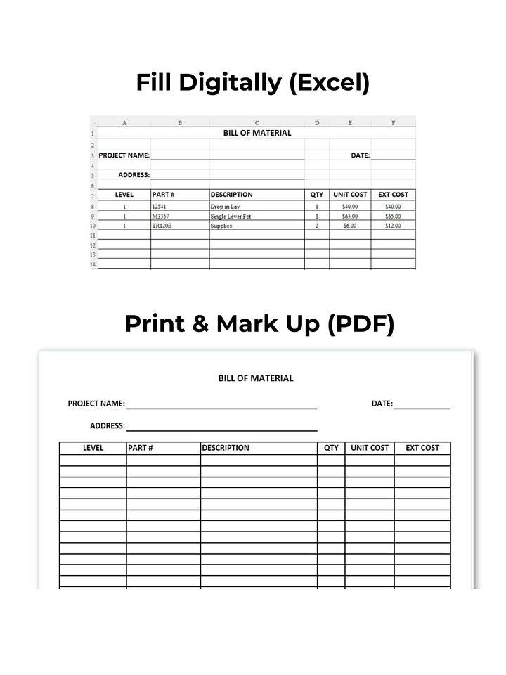 Bill of Material Template (Excel + Printable PDF) product image (2)