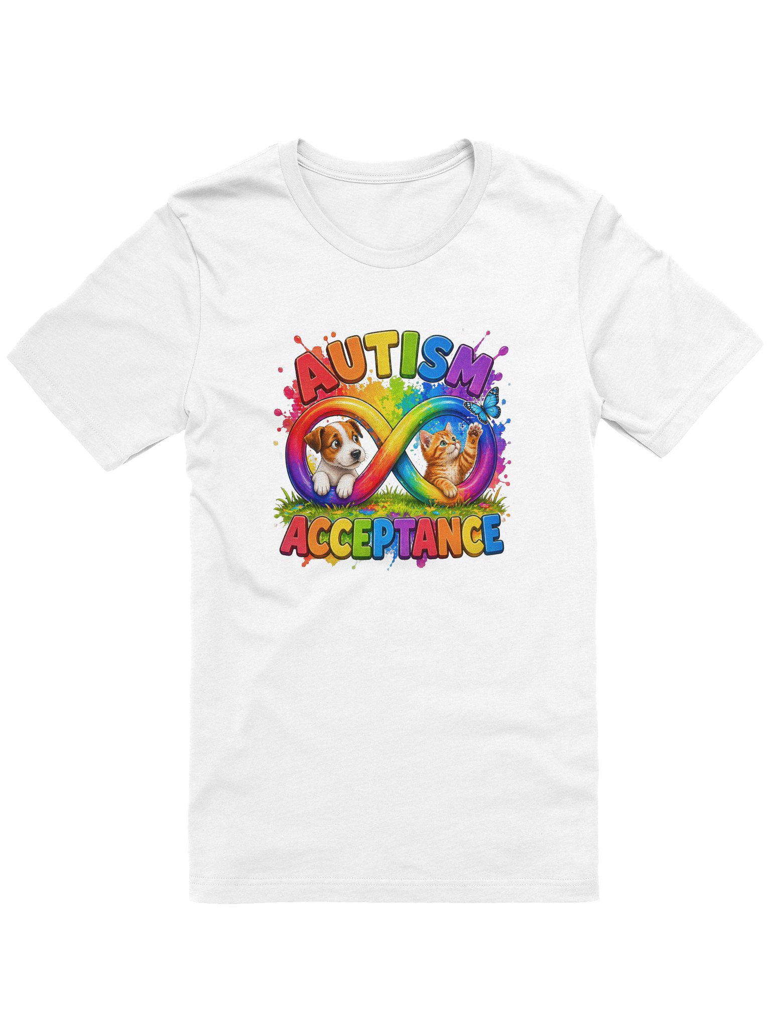 Puppy and Kitty Autism Acceptance & Inclusion Tee with Infinity Symbol Rainbow product image (2)