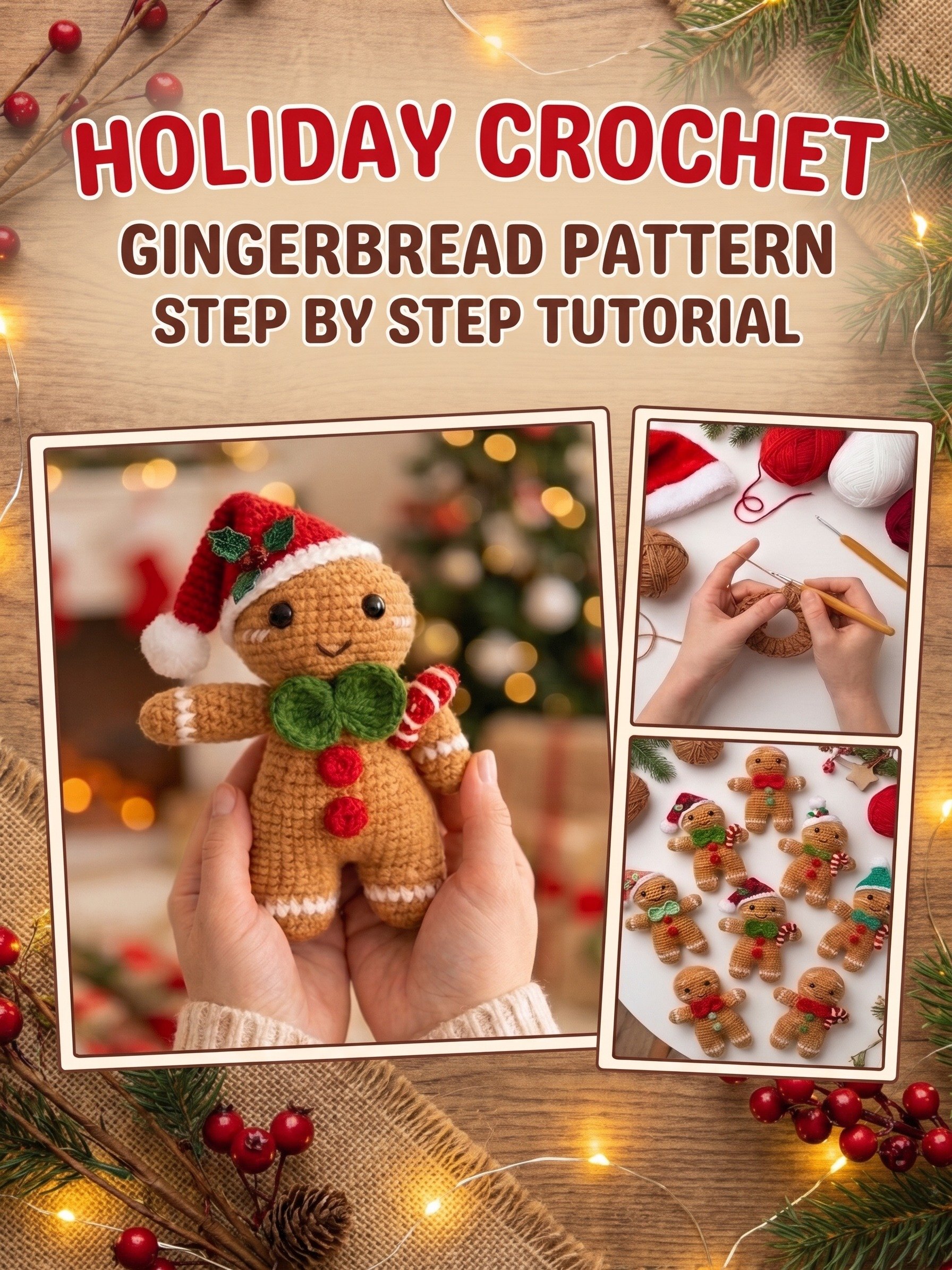Gingerbread Man Crochet Pattern PDF, Christmas Amigurumi Doll, Santa Hat & Candy Cane, Step-by-Step Photo & Video Tutorial product image (4)