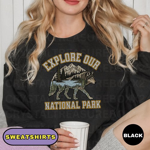 Celebrate America's wild places with this bold Explore Our National Parks design featuring a majestic wolf filled with scenic...
