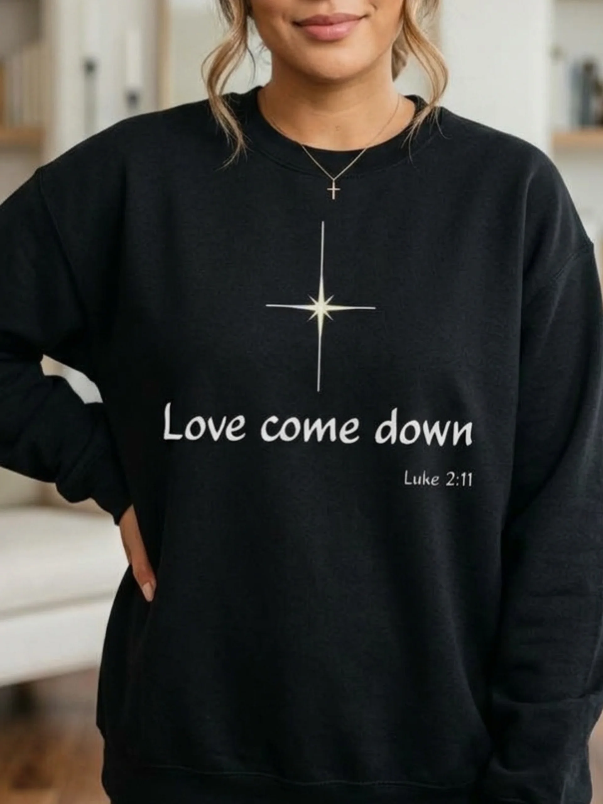 Luke 2:11 Christian Christmas Sweatshirt - "Love Come Down" Nativity design for Women product image (1)