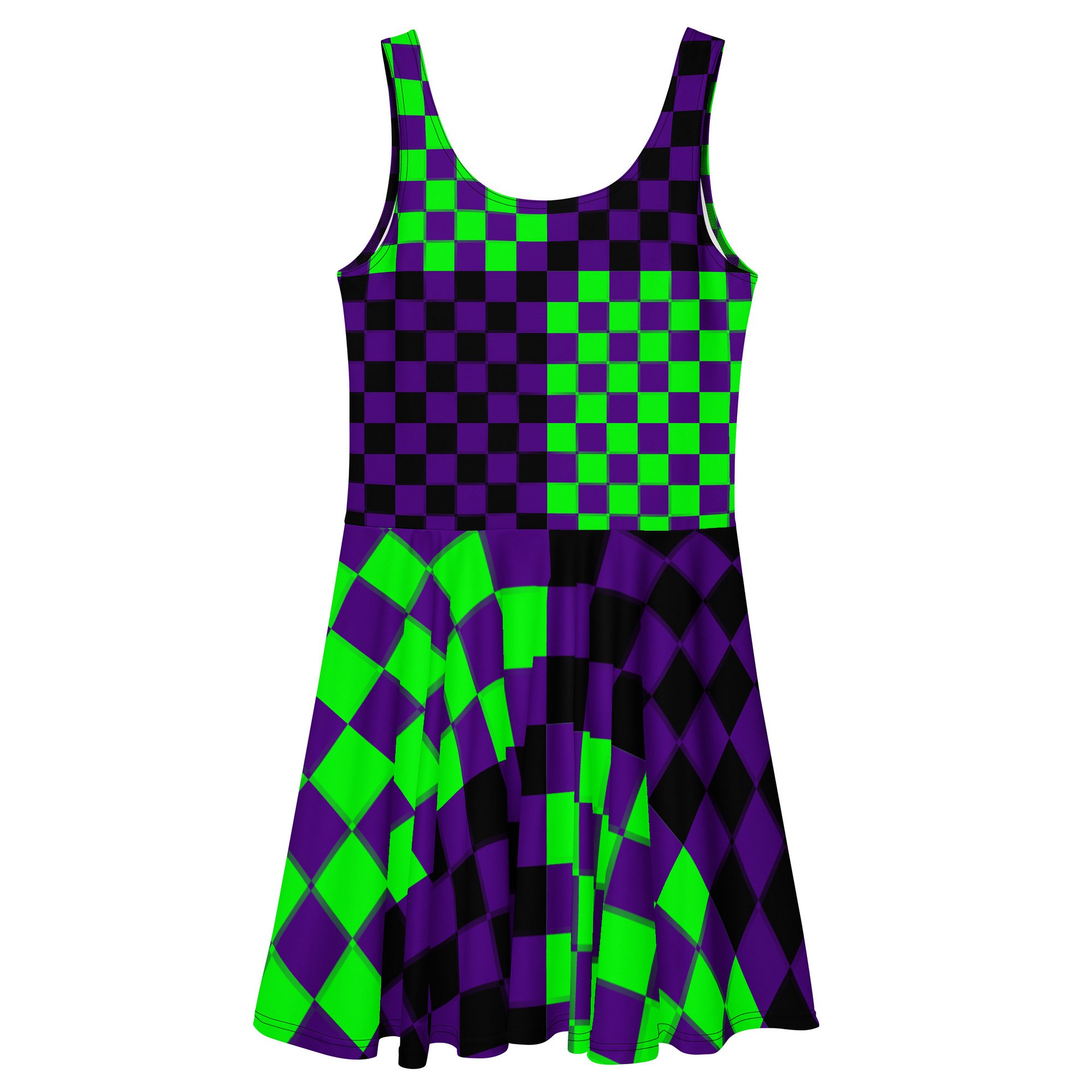 Twisted Checkers Skater Dress, Silly Clowncore Clothing, Fun Festival Outfit, Weird Rave Wear, Neon Green Purple Black Alternative Fashion product image (3)