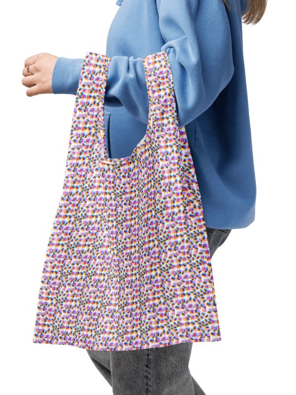 “ant picnic” glitchy pixel ants gingham pattern reusable shopping bag product image (1)