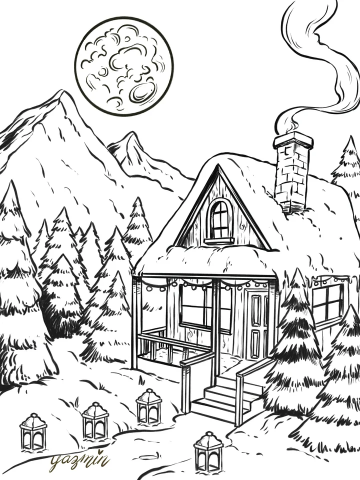 Moonlit Winter Cottage Coloring Page for Adults and Kids – Cozy Snowy Forest Scene product image (1)