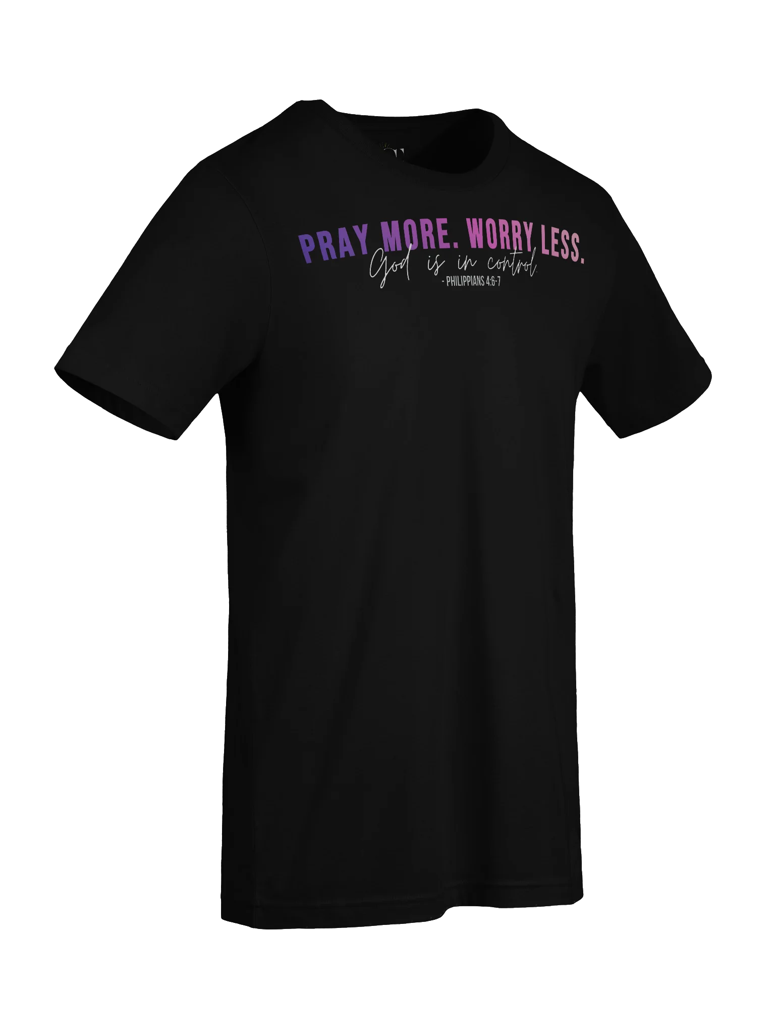 Pray More Worry Less 1.0 Unisex Tee- Dark Colors - Pink Gradient Text product image (10)