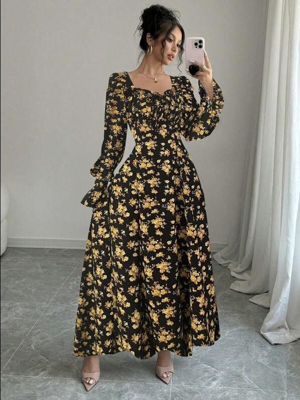 ADLEST Rafferiza Elegant Floral Print Square Collar Ruffled Sleeve Pearl Button Decor Dress, For Spring & Autumn Maxi Women Outfit Fall Cloth For Women product image (2)