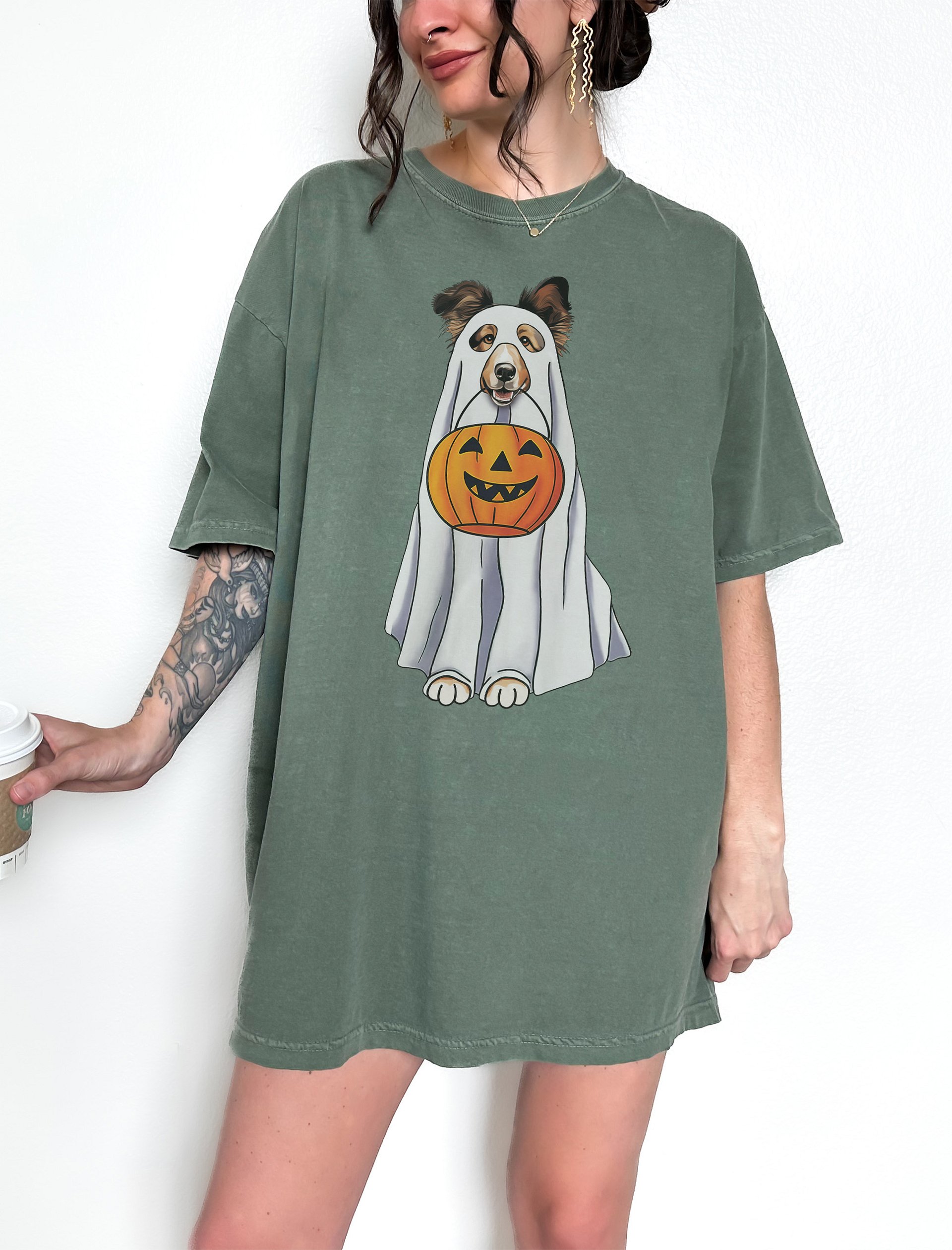 Shetland Sheepdog Halloween Tee | Funny Halloween Sheltie/Rough Collie Wearing Ghost Costume w/ Pumpkin Basket product image (2)