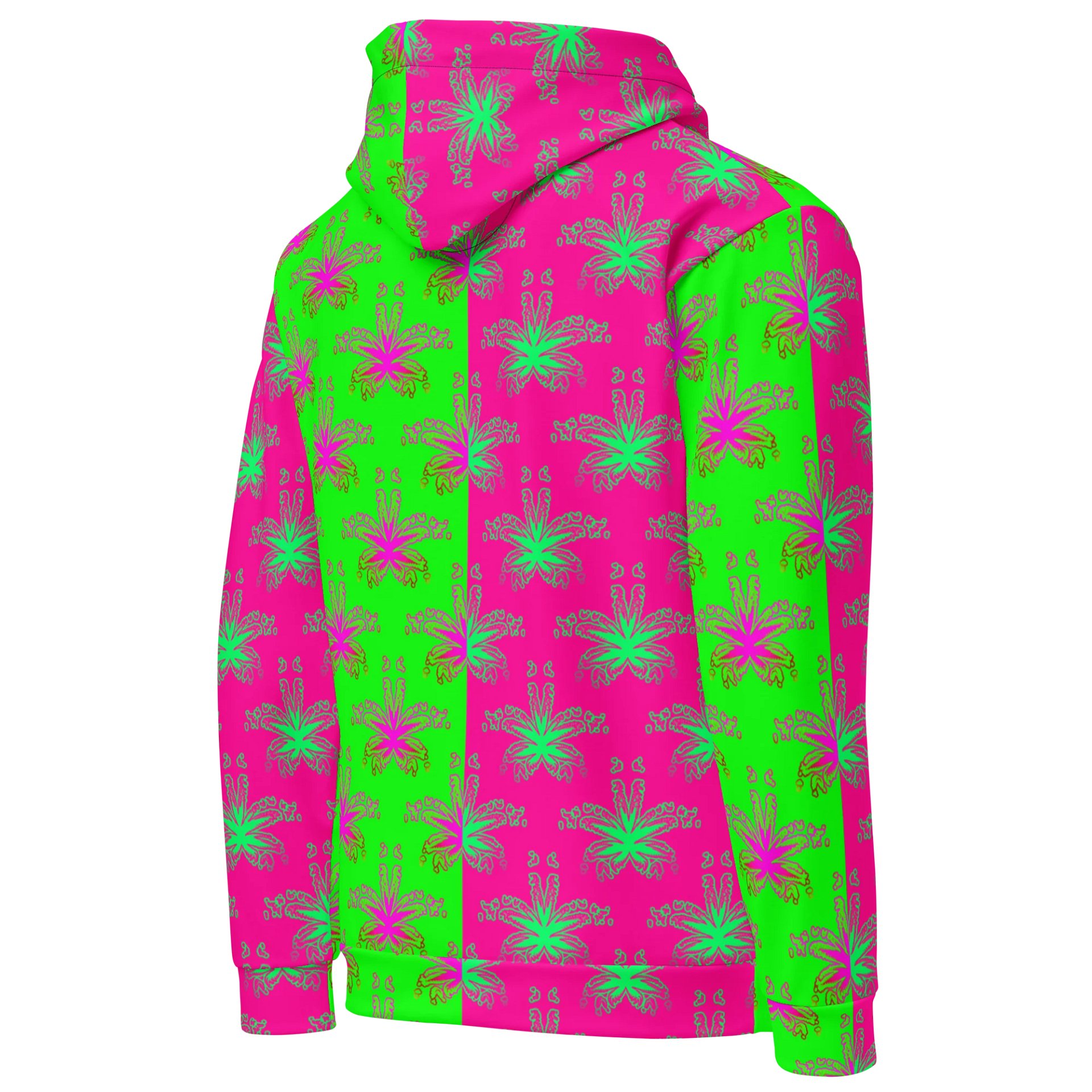 Pot Leaf Pattern Hoodie, Hot Pink Bright Green Weird Weed Art Clothing, Twisted Fun 420 Fashion product image (5)