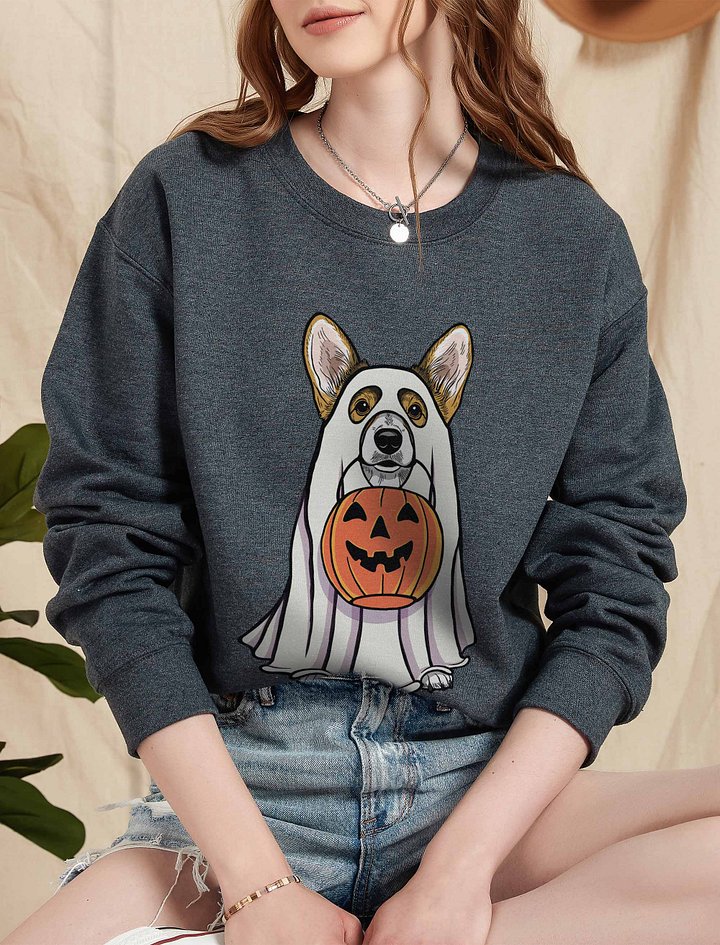 Funny Halloween Pembroke Welsh Corgi(Sable) Sweatshirt | Funny Corgi Wearing a Ghost Costume and Holding a Pumpkin Basket product image (2)