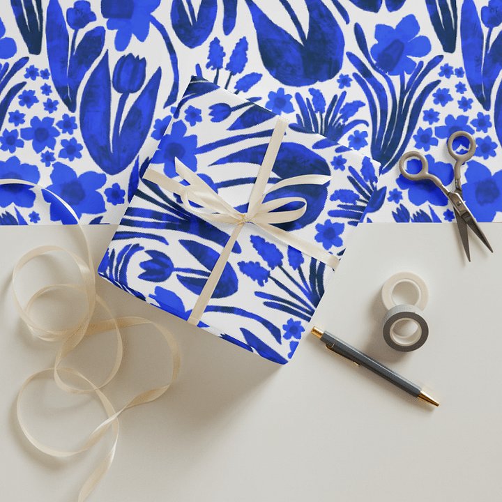 Spring Garden Wrapping Paper Sheets | Royal Blue on White | Coastal Floral Gift Wrap | Monique Faella Designs™ product image (1)