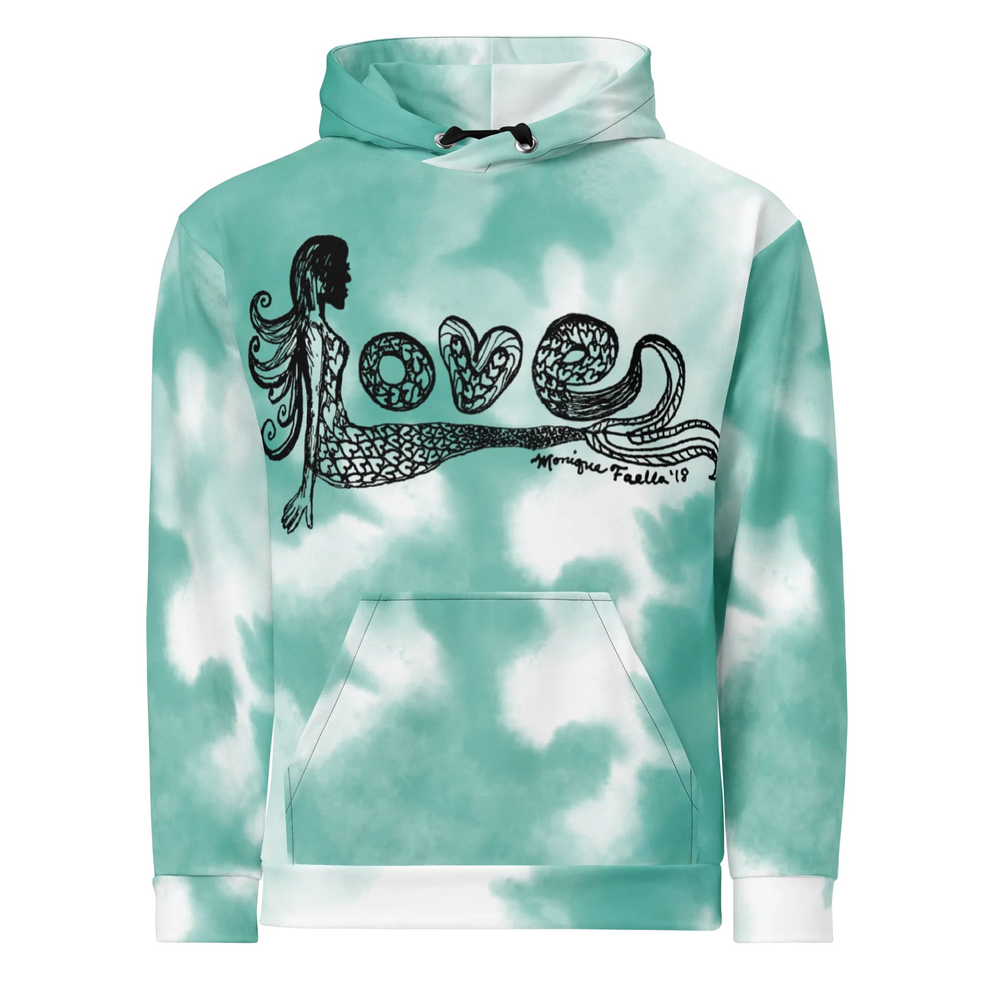 Mermaid Love | Black on Green & White Tie-Dye | Comfy All-Over Print Unisex Hooded Sweatshirt | Ocean-Inspired | Monique Faella Designs™ product image (1)
