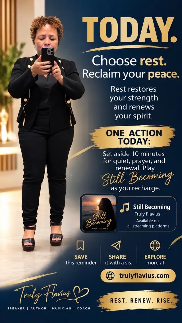 Today 🤍 Make room for a moment with God. There is grace for the woman you are today and hope for the woman you are becoming. Sis, take five quiet minutes today to pray, breathe, and let your heart settle. Let this Sabbath be a gift you receive. 🙏🏽 🎶 “Still Becoming” — Truly Flavius ✨ More encouragement: www.trulyflavius.com #SisYoureNotAlone #StillBecoming #WomenOver40 #FaithAndHealing #SabbathRest