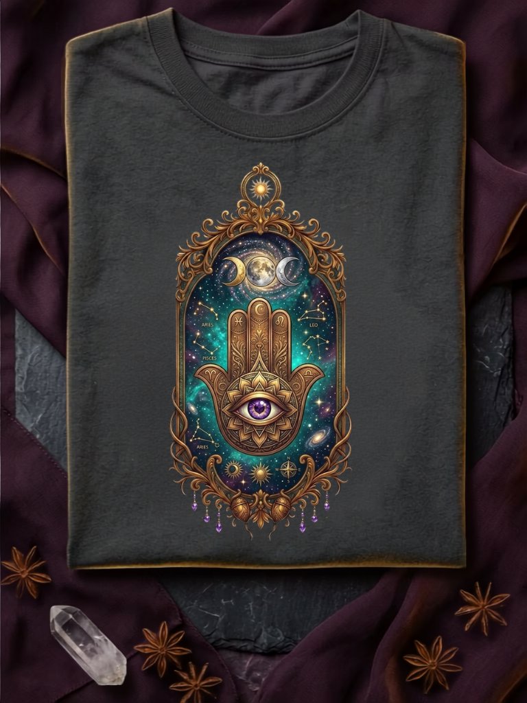 Mystical Zodiac Hamsa – Cosmic Constellation Mirror & Sacred Eye Talisman tee product image (1)