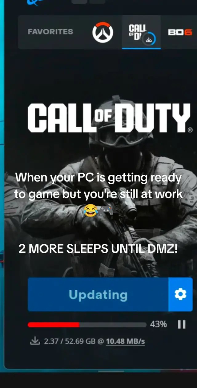 Updating Call of Duty remotely while I'm still away at work. 😂 Two more sleeps until I'm home and can finally jump into DMZ with the boys! Anyone else counting down the shifts until they can get back to gaming? 🎮 #CallOfDuty #DMZ #PCGaming #GamerLife #Psybangas 