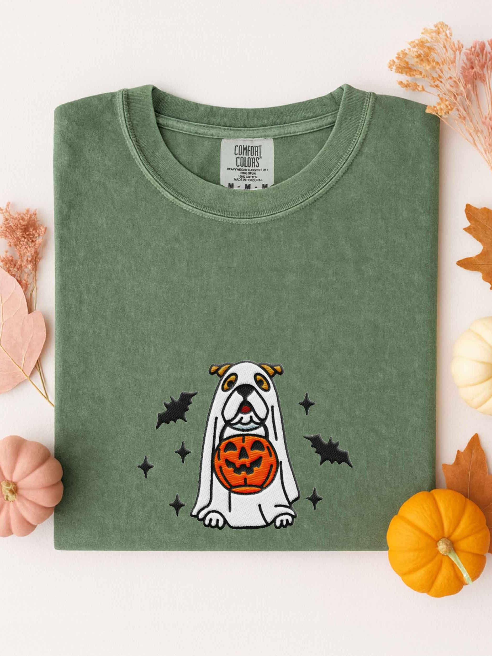 Halloween English Bulldog(Brown & White) Embroidered T-Shirt product image (1)