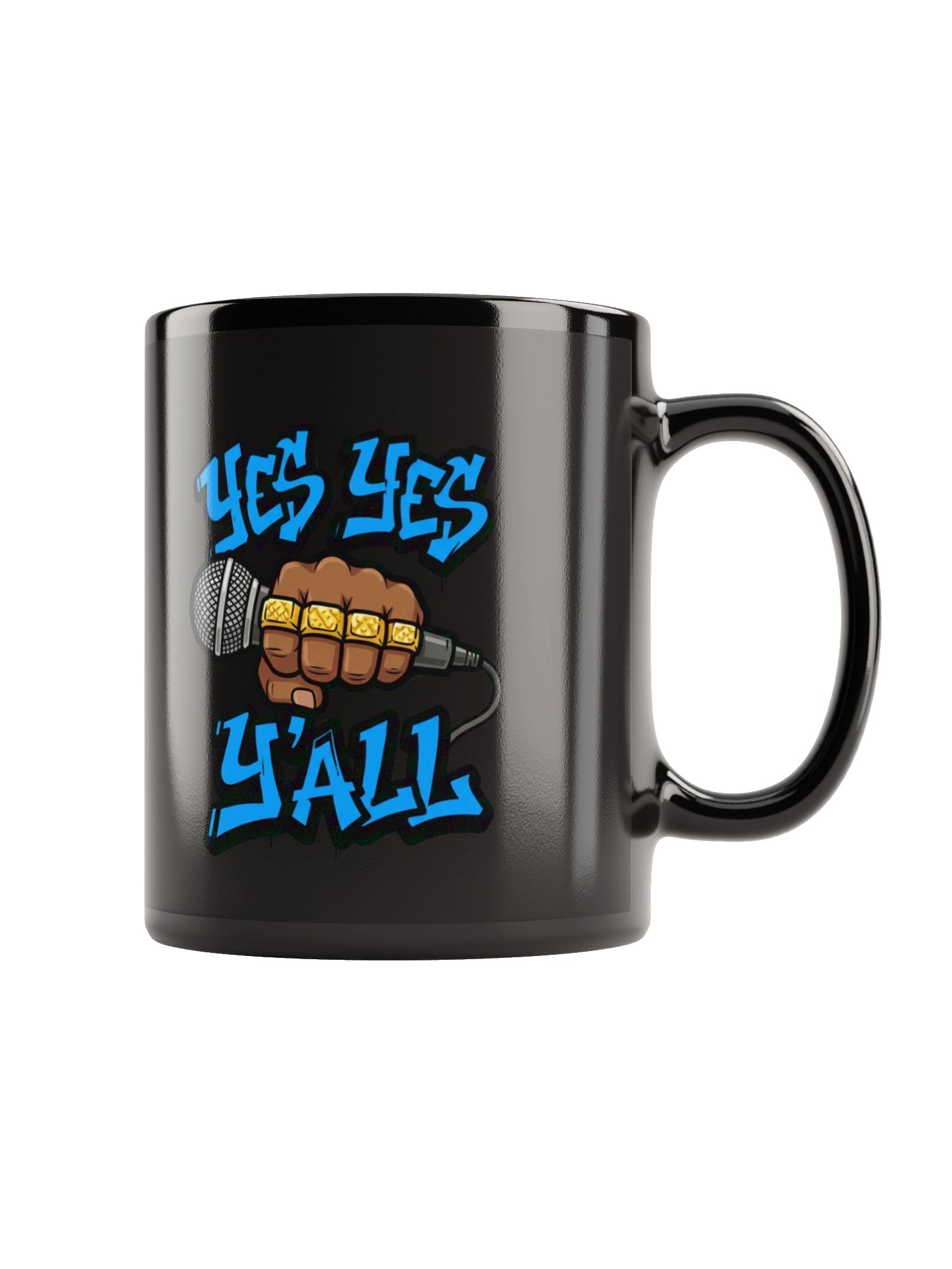 Yes Yes Y’all Hip Hop Mug – Black Microphone Coffee Cup with Graffiti Text product image (1)