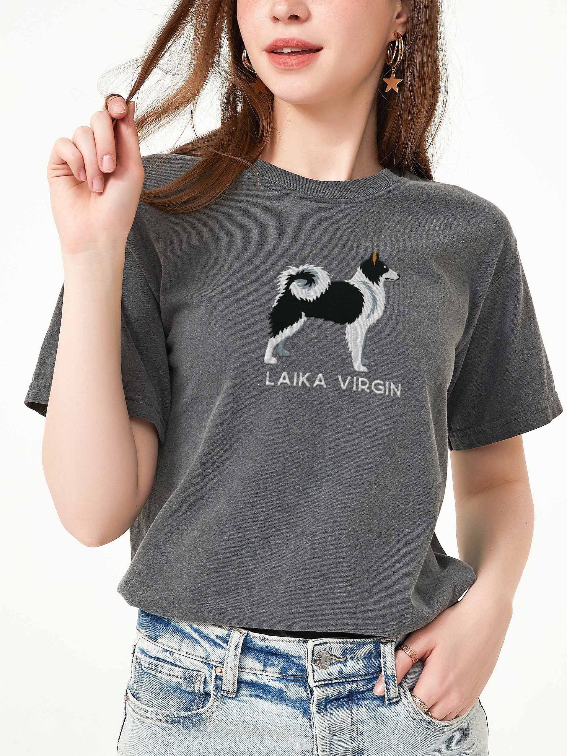 Laika Virgin T-Shirt(Embroidered) of a Yakutian Laika(Black & White) product image (2)