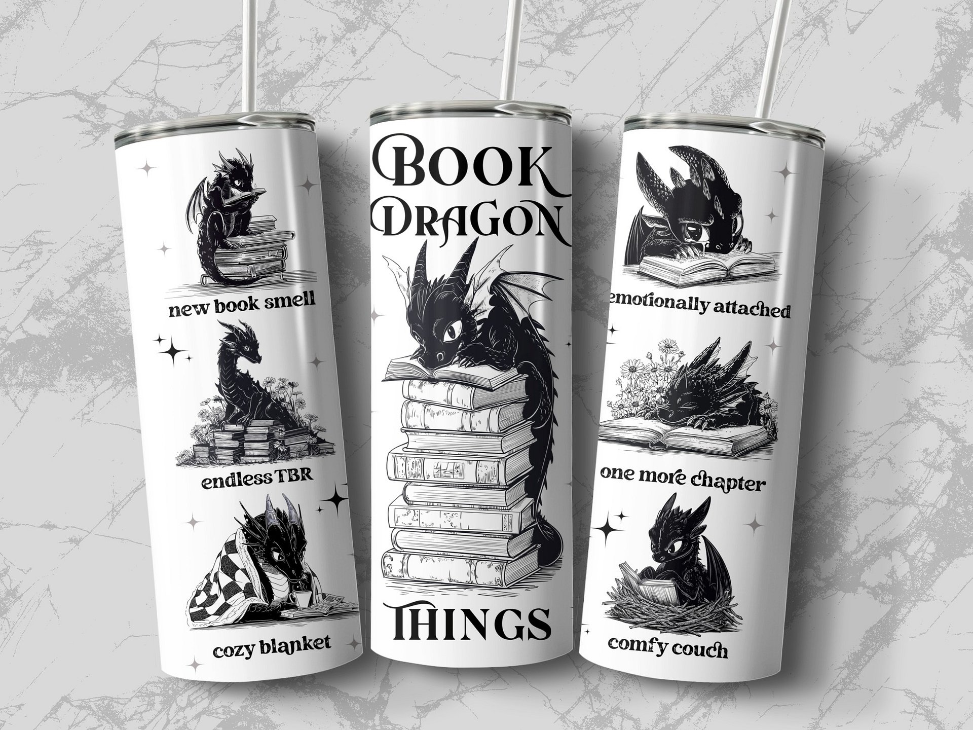 Romantasy Gothic Black White Book Dragon Tumbler PNG 20oz Tumbler Full Wrap PNG, 20 oz Seamless Sublimation Design, Instant Digital Download product image (4)