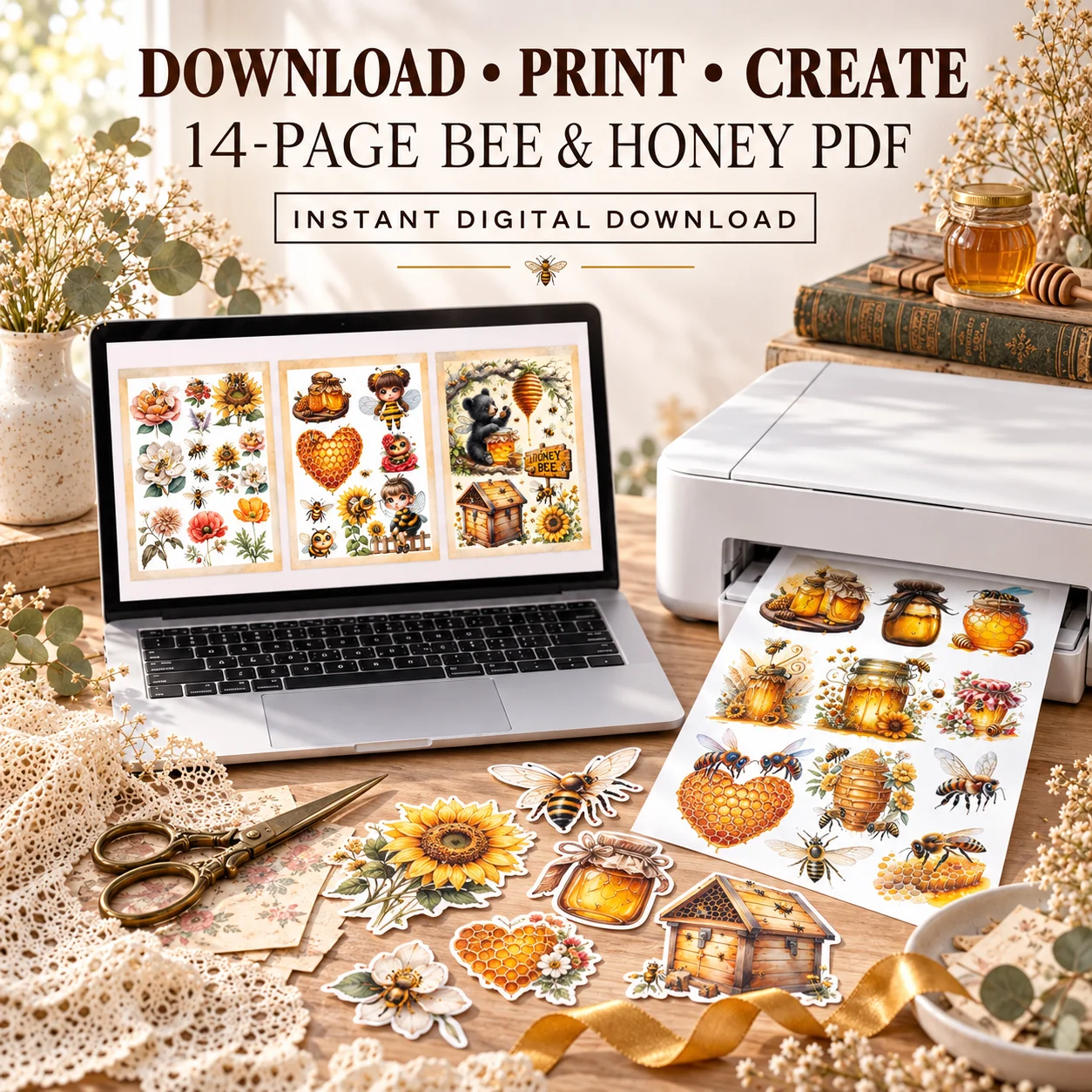 Vintage Bee & Honey Ephemera Printable PDF – 12 Junk Journal Collage Pages product image (3)