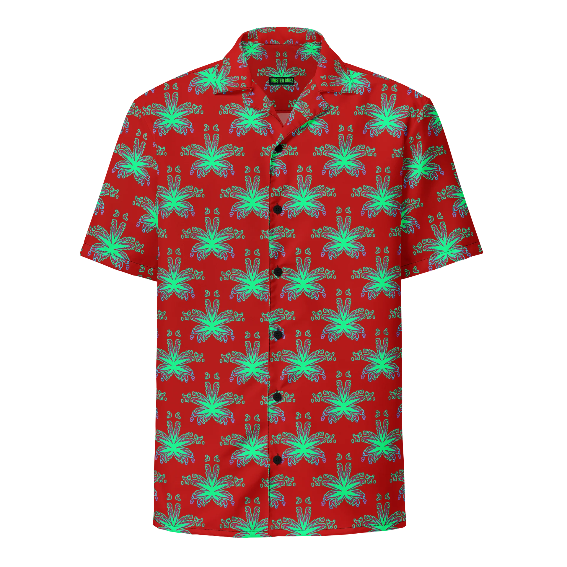 Red Weed Leaf Cannabis Beach Button Shirt, 420 Summertime Stoner Festival Clothing, Green Ganja Pot Leaves Pattern Weedy Weirdo Fashion product image (1)