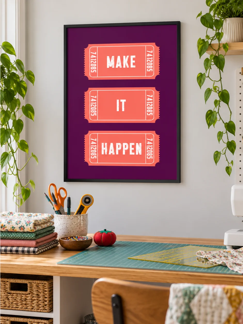Make It Happen Motivational Poster, Retro Ticket Design, Purple Coral Typography Wall Art, Distressed Lettering, Printable Inspirational Art product image (4)