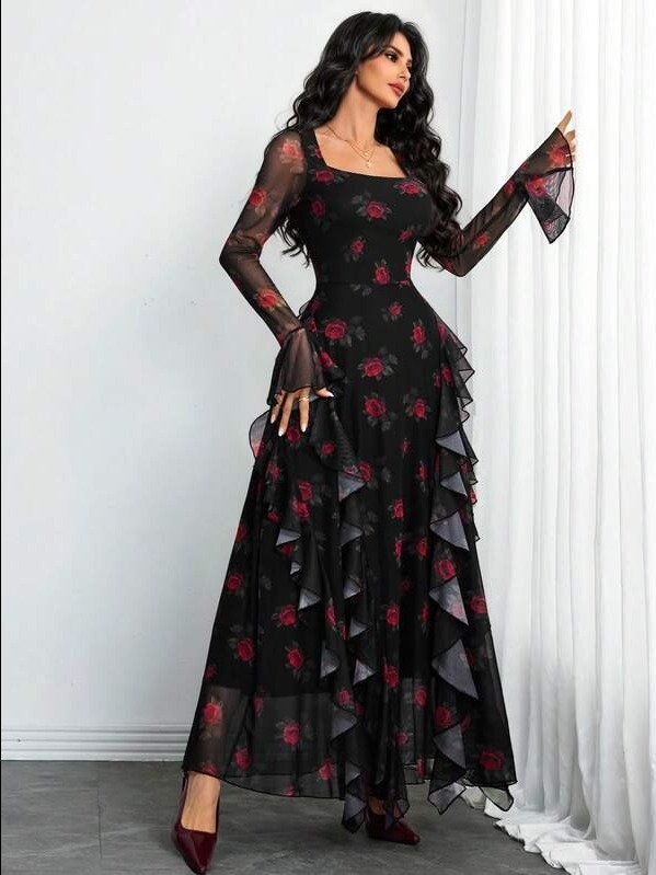 ADLEST Women's Elegant Sexy Modern And Gorgeous Long Sleeve Y2K Romantic Pleated Two-Layer Abstract Leopard Print Dress product image (2)