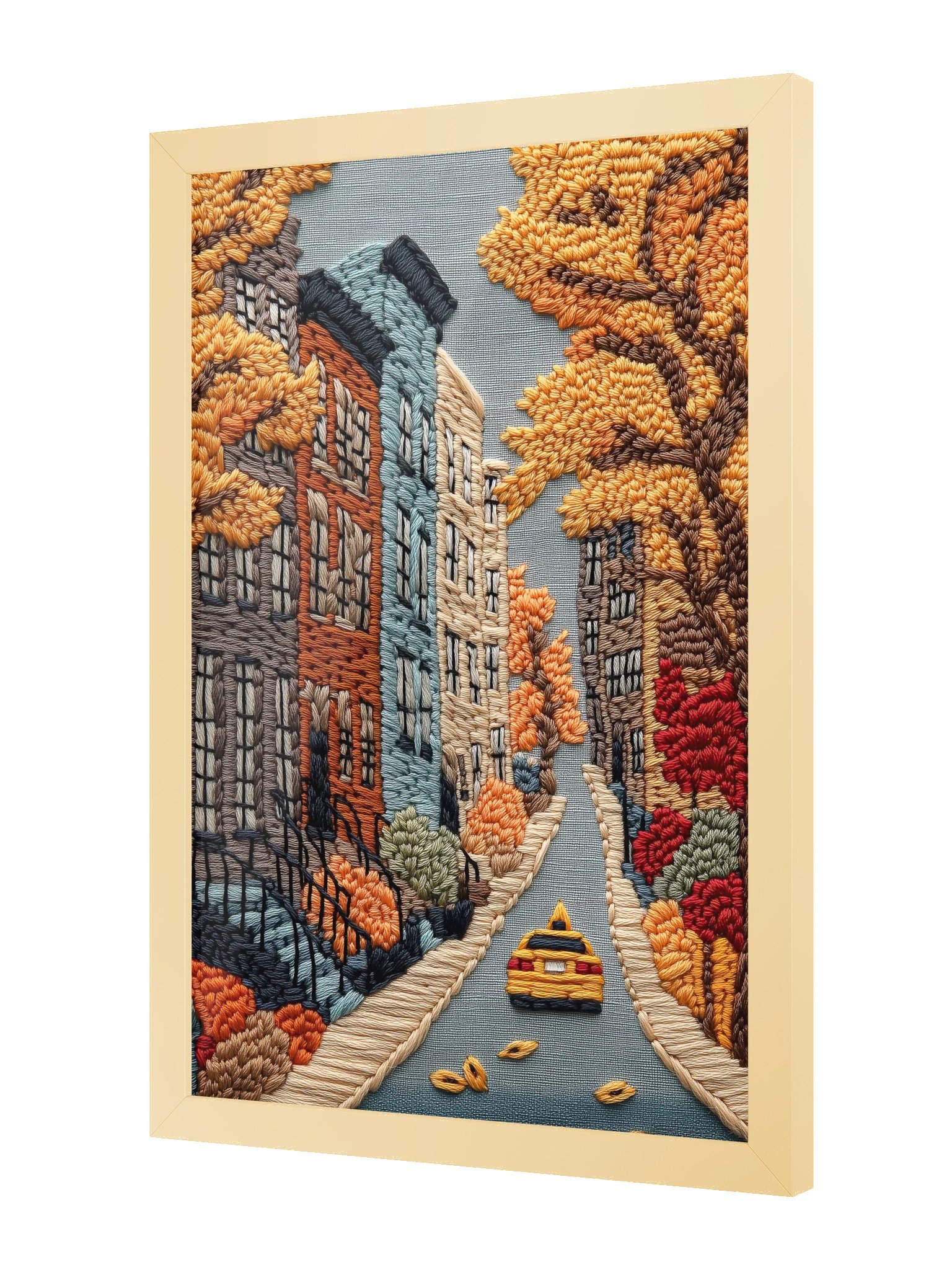 A Yellow Cab Through Autumn | Embroidery-Style Wall Art — Framed Print product image (6)