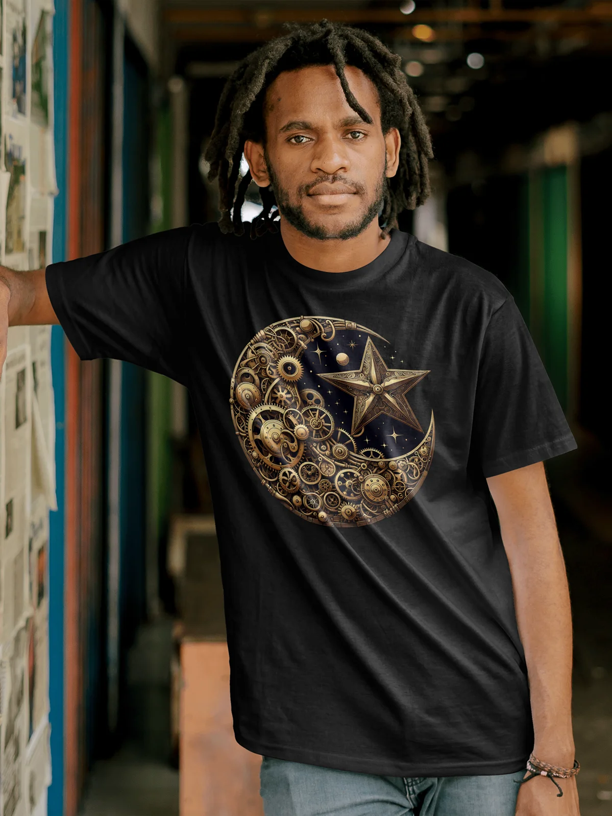 ⚙️ Steampunk Moon & Star T-Shirt – Celestial Gear Design | Retro Futuristic Clockwork Cosmos Tee product image (3)