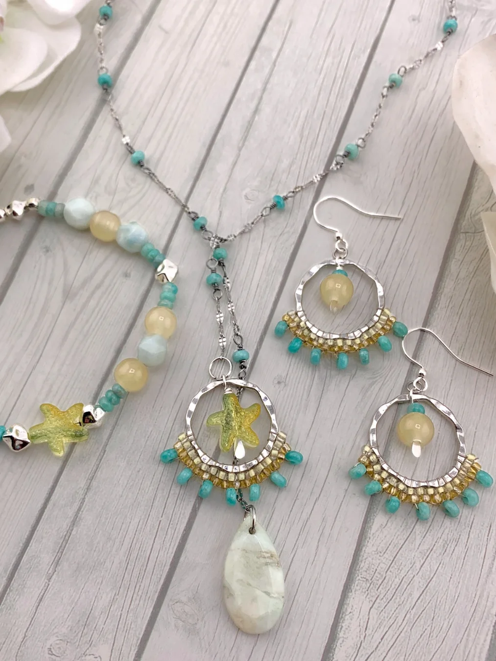 Beachy Lariat Style Silver and Aqua Beaded Necklace, Earrings, and Bracelet Set product image (4)