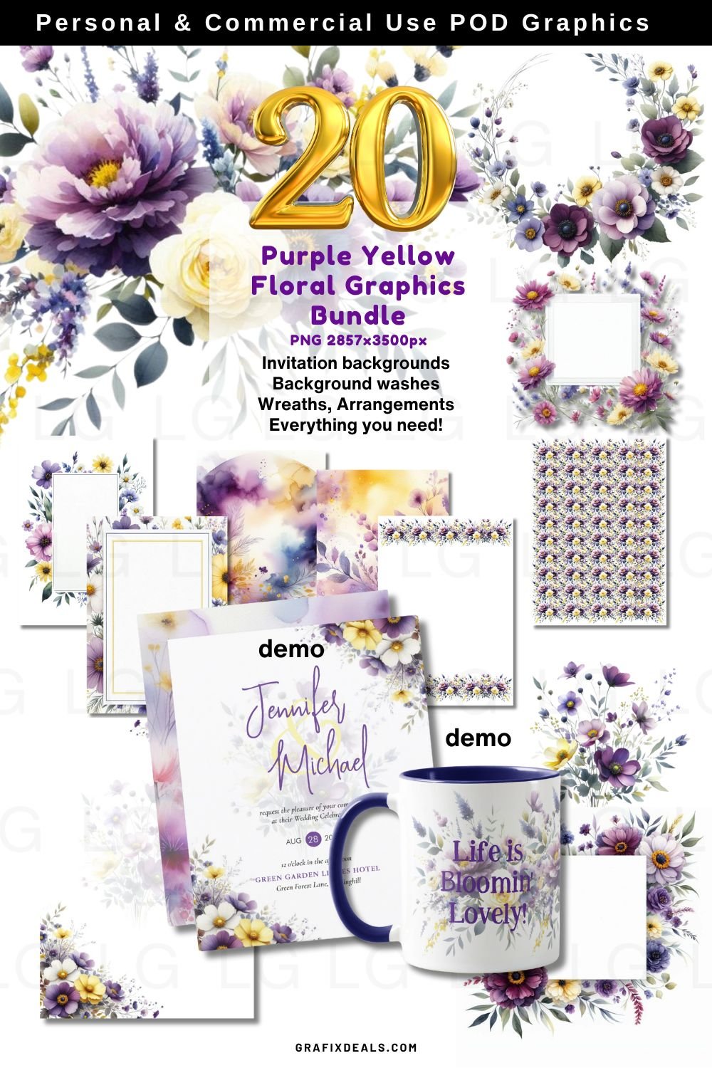 Purple Yellow Floral Graphics Bundle Commercial POD Use Clipart. product image (1)